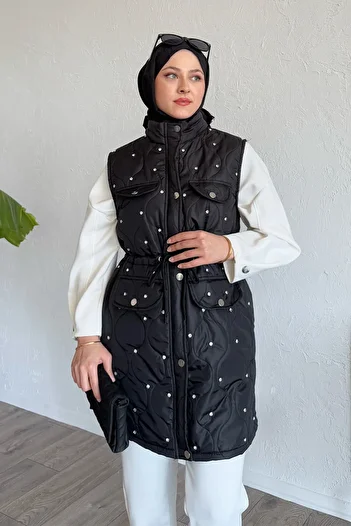 InStyle Drawstring Quilted Black Vest with Pocket Detail