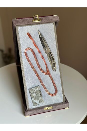 Kehribarstore Squeeze for Men's Gift - Katalin Amber Prayer Beads, Fitted Boxed Knife Lighter Set