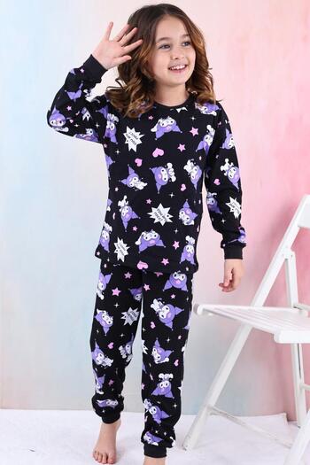 Minik Dolap 100% Cotton Kuromi Girl's Pajama Set - Black