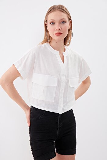 Vitrin Viscose Linen Crop Shirt with Flap Pocket