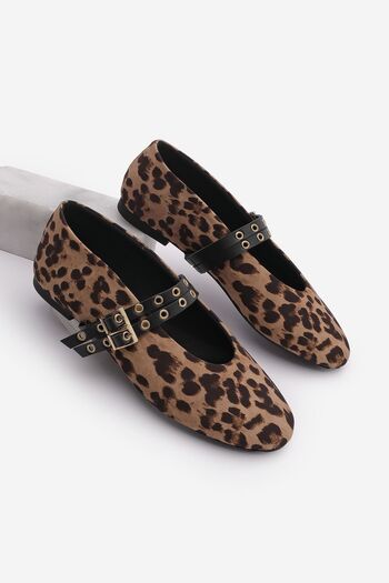 Marjin Leopard Patterned Studded Women's Ballerina Ballerina Bekosa - Double Striped Daily Use