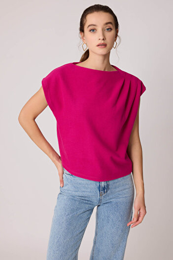 Vitrin Short Sleeve Knitwear Blouse with Gathered Shoulder