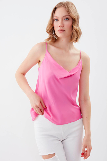 Vitrin Degaje Collar Satin Blouse with Rope Strap