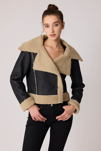 Vitrin Buttoned Front Furry Crop Biker Jacket