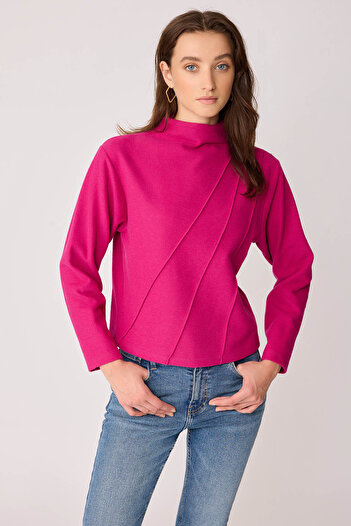 Vitrin Stand Collar Front Stitched Back Zipper Blouse