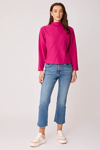 Vitrin Stand Collar Front Stitched Back Zipper Blouse
