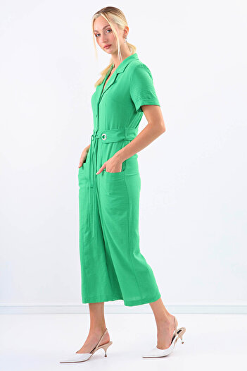 Vitrin Double Pocket Belted Short Sleeve Jumpsuit