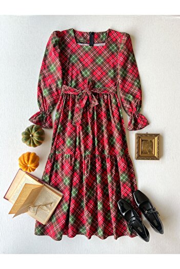KÜÇÜĞÜM BUTİK Red Plaid Square Collar Layered Women's Dress