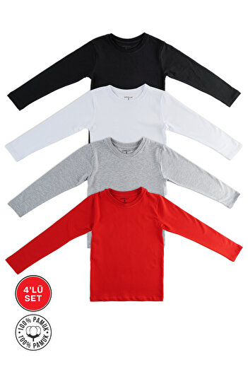 Lovella Μπλουζάκι Unisex Badi 4 συσκευασιών - Μαύρο, Λευκό, Γκρι, Κόκκινο, Long Sleeve Seasonal