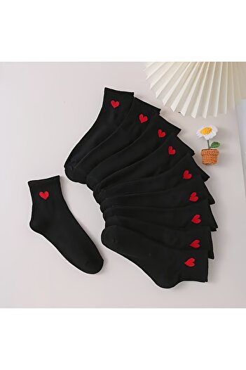 çorapmanya 10 Pairs Black - White Heart Patterned Women's Half Socks