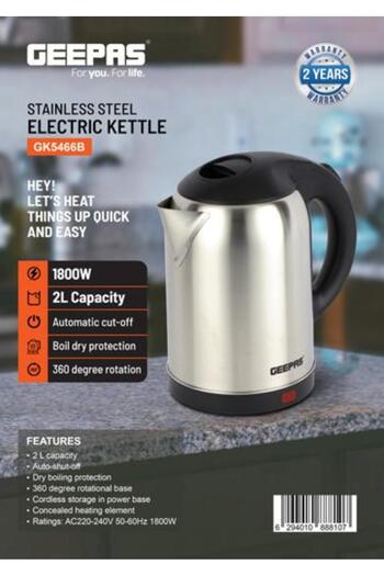 Geepas Stainless Steel Electric Kettle With Auto Shutt off and Boil Dry Protection
