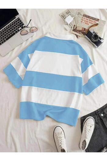 Altamira Μπλουζάκι Unisex Oversize Polo Neck Baby Blue ριγέ μισό φερμουάρ