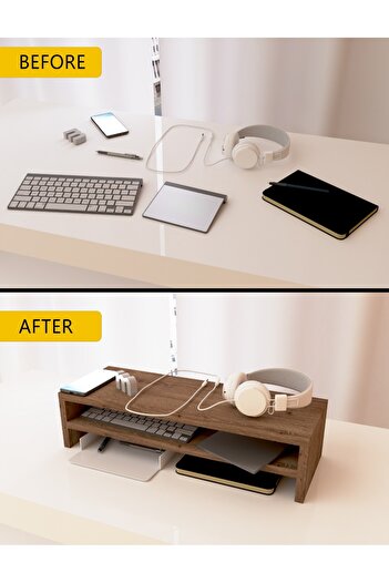 Mahmayi Wooden Riser Monitor Stand with 2 Tier Storage Shelf, Monitor Stand for Home-TRUFFLE DAVOS OAK