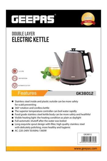 Geepas Portable Double Layer 1.2L Electric Kettle with Inner Stainless Steel & Auto Shut-Off