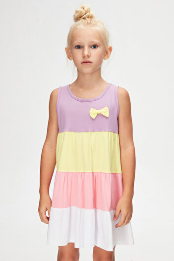 LOVETTI Lilac White Girl's Colorful Gathered Strap Dress