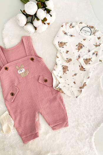 VERONA TARZ Baby Girl Rabbit Embroidered 2-Piece Salopet Set Long Sleeve Snap Fastener Newborn Outfit Socks Gift