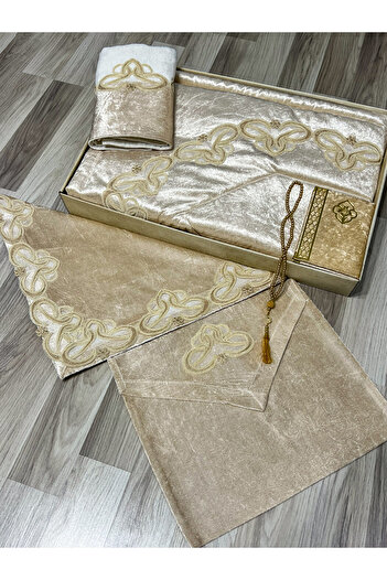 AYHANHOME 6 Piece Velvet French Laced Dowry Package Boxed Prayer Rug Set Bride Groom Set