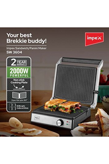 İMPEX Impex Sandwich Maker 2000W,4 Slice, Over Heat Protection, Non-Stick Plate, Stainless Steel
