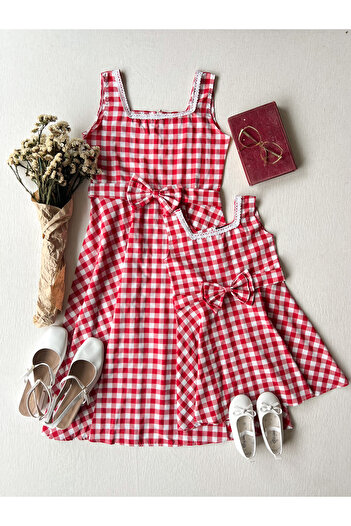 KÜÇÜĞÜM BUTİK Red Gingham Strap Square Collar Mother-Daughter Combination