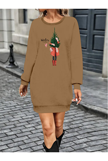 buğrahayalin    Women's Long Sleeve Crew Neck Print Short Viscose Two Thread Dress