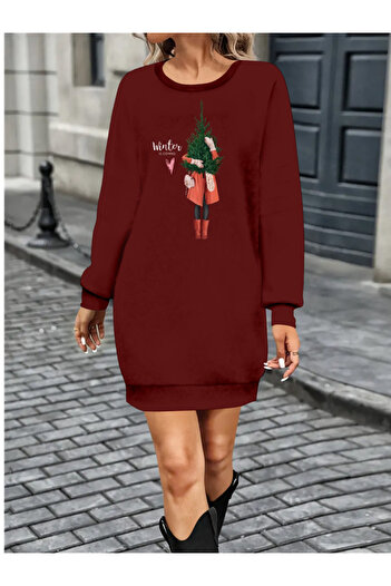 buğrahayalin    Women's Long Sleeve Crew Neck Print Short Viscose Two Thread Dress