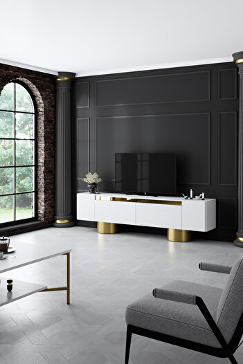 Modatte BOHEM GOLD METAL AYAKLI GOLD TASARIM BEYAZ TV ÜNİTESİ
