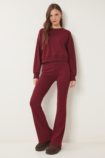 Lovelyİstanbul Crew Neck Top and Bottom Set Bordo Lxr0008