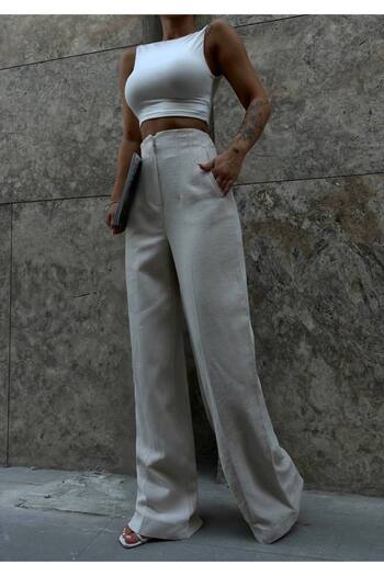 LB Laluna Butik Women's High Waist Linen Palazzo Trousers