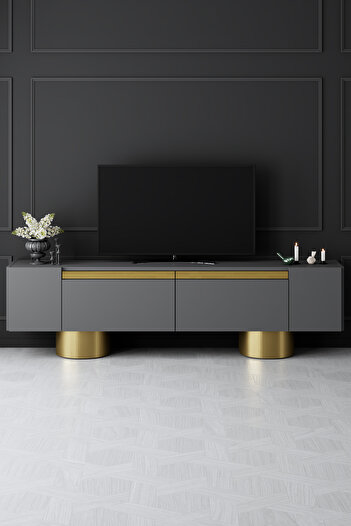 Modatte BOHEM GOLD METAL AYAKLI GOLD TASARIM ANTRASİT TV SEHPASI