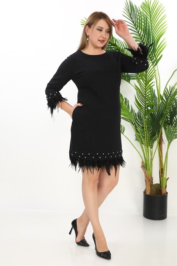 etselements Stylish Midi Length Evening Dress with Otriş and Stone Detail