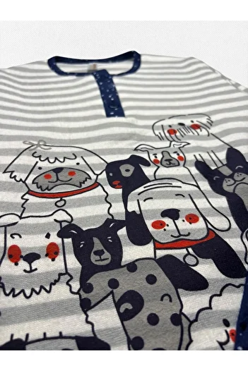 Fil Kids Girl's Thermal Fabric 100% Cotton White Navy Blue Dogs Print Long Sleeve Pajamas Set