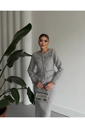 1Moda1Tarz Women's Imported Tweed Fabric Pearl Pocket Detail Otrish Lined Special Design Dress Cardigan Set