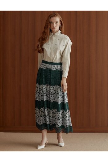 Kayra Petrol Color Floral Patterned Lace A-Line Skirt
