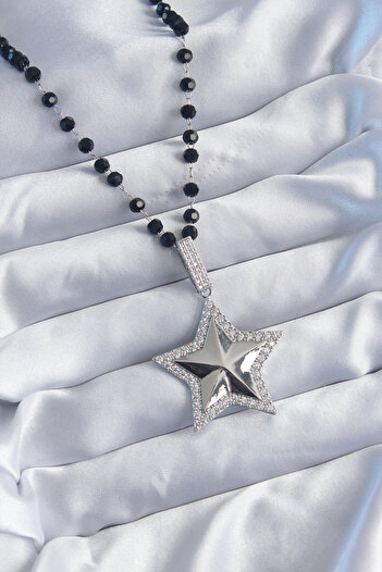 Skygo Silver Color Black Bead Zircon Stone Brass Star Model Vip Series Women's Necklace - Tj-bko8016