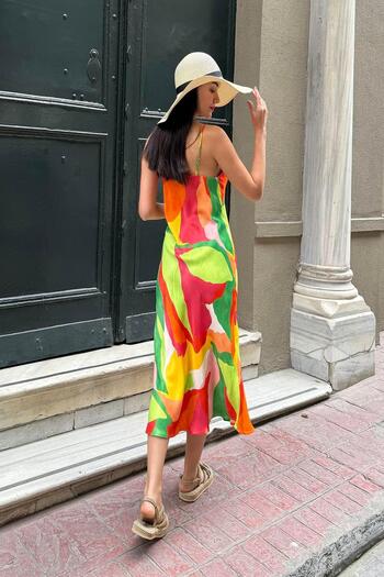 FOR YOU MODA Natural Viscose Strap Chest Gathered Patterned Green Dress