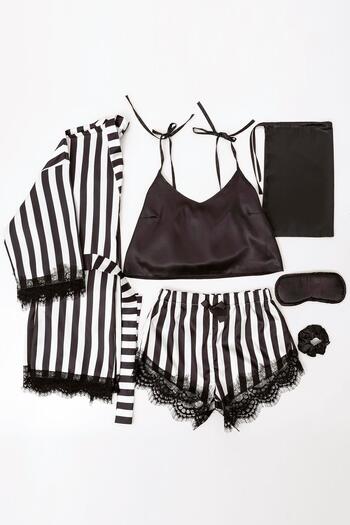 FOR YOU MODA 6-Piece Black-white Striped Satin Athlete Shorts Set