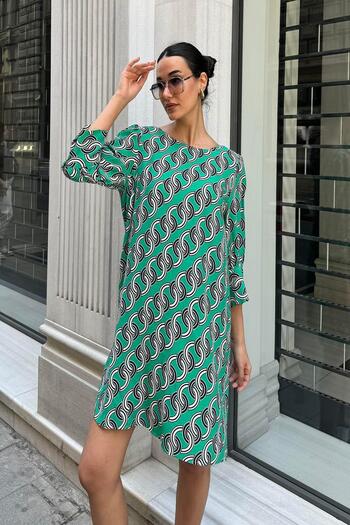 FOR YOU MODA Satin Chain Patterned Green Dress