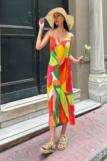 FOR YOU MODA Natural Viscose Strap Chest Gathered Patterned Green Dress