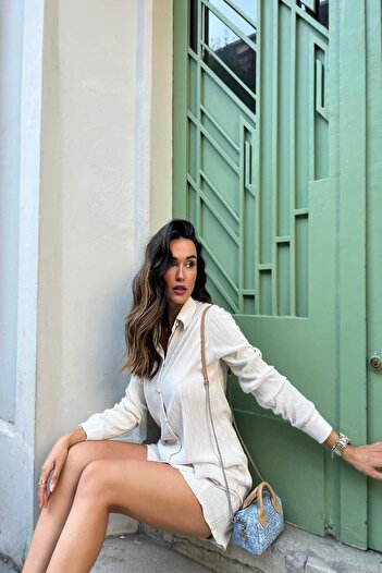 FOR YOU MODA 2-Piece Pleated Shirt Shorts Stone Set