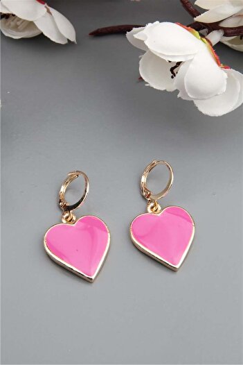 Pelin Aksesuar Pink Heart Hoop Earrings