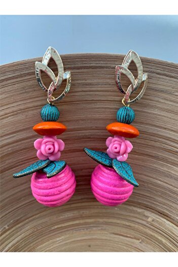 Pelin Aksesuar Pink Ball Beaded Leaf Figured Design Earrings