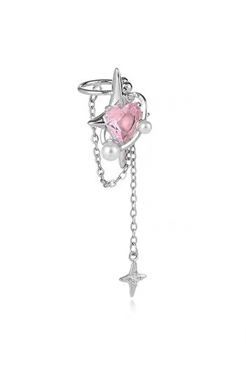 Pelin Aksesuar Pink Crystal Piercing Earrings - Heart and Dangle Ear Accessory