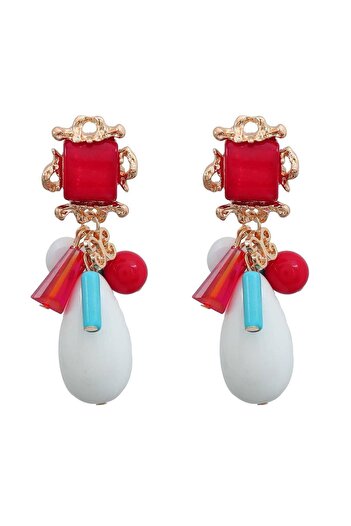 Pelin Aksesuar Red Blue White Beaded Design Earrings