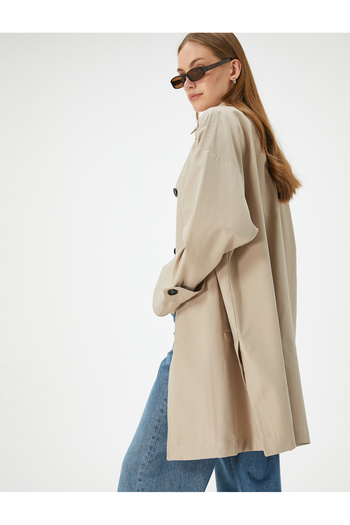 Koton Oversize Double Breasted Trench Coat - Buttoned and Pocket Detailed