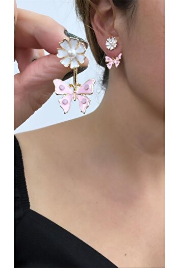 Pelin Aksesuar Pink Butterfly and White Flower Ghost Earrings