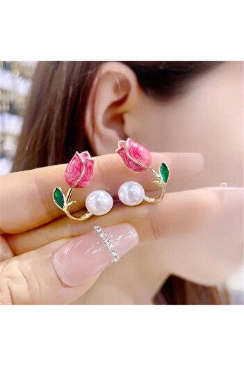 Pelin Aksesuar Dark Pink Tulip Earrings with Pearls