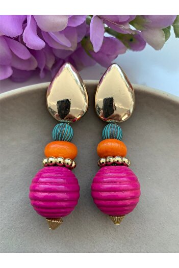 Pelin Aksesuar Fuchsia Ball Beaded Gold Drop Earrings