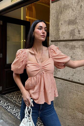 FOR YOU MODA Natural Viscose Neck Tied Orange Blouse