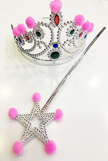 Skygo Silver Color Princess Crown with Pink Pompom and Silver Princess Scepter