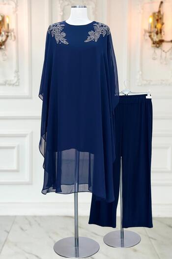 Amine Hüma Navy Blue Mesture Evening Dress Set
